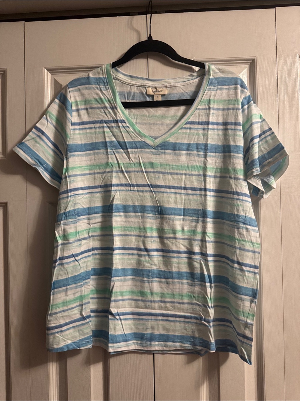 Style & Co. Striped Short Sleeve V-Neck Tee in Blue, Mint & White